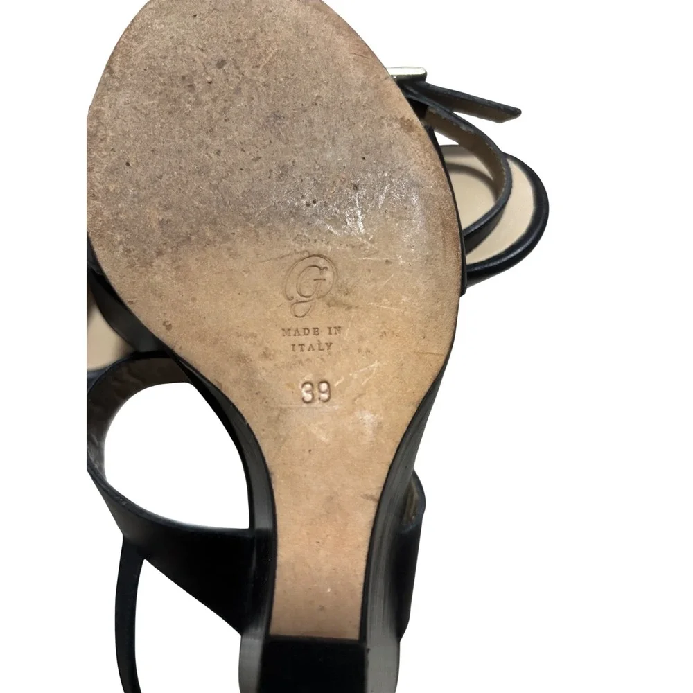 M.Gemi Black Leather Wedge Sandals Made in‎ Italy Slingback Heels Size 39